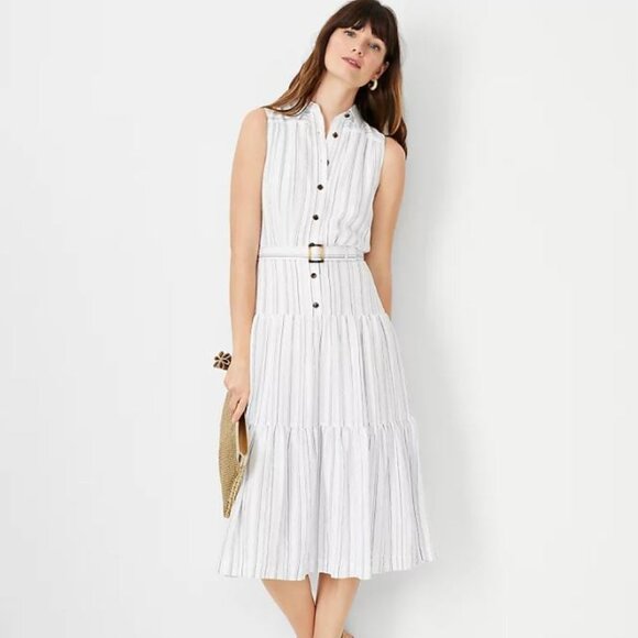 NWT Ann Taylor Striped Ruffle Tiered Flare Dress - size 14 - Picture 1 of 2